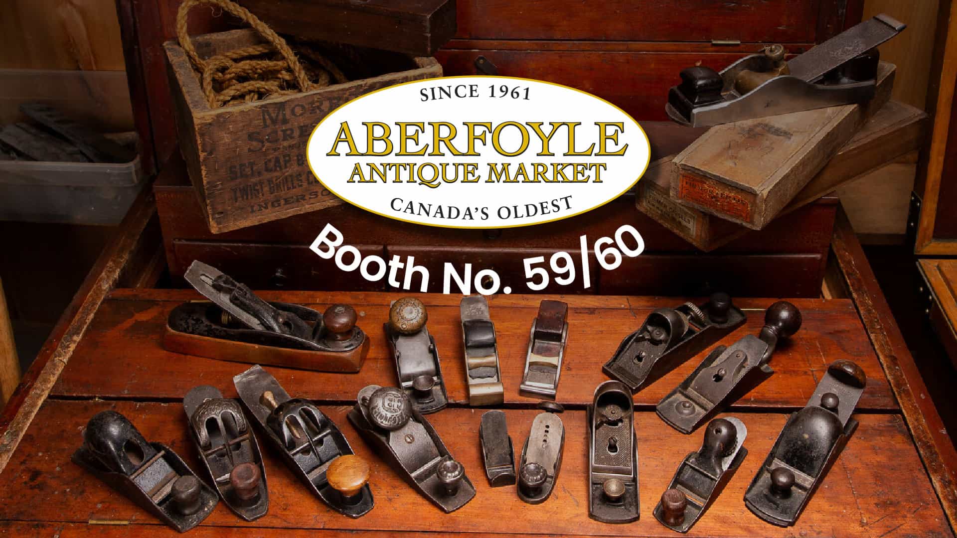 Antique hand planers and the logo of the Aberfoyle Antique Market.